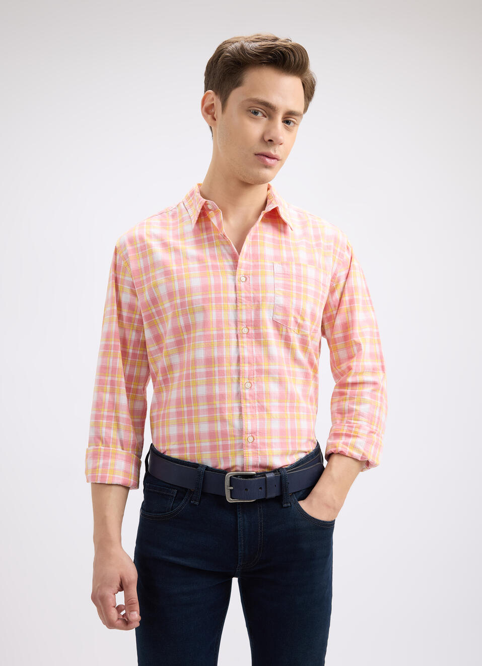 Men Peach Check Full Sleeve Shirt, , large image number 0