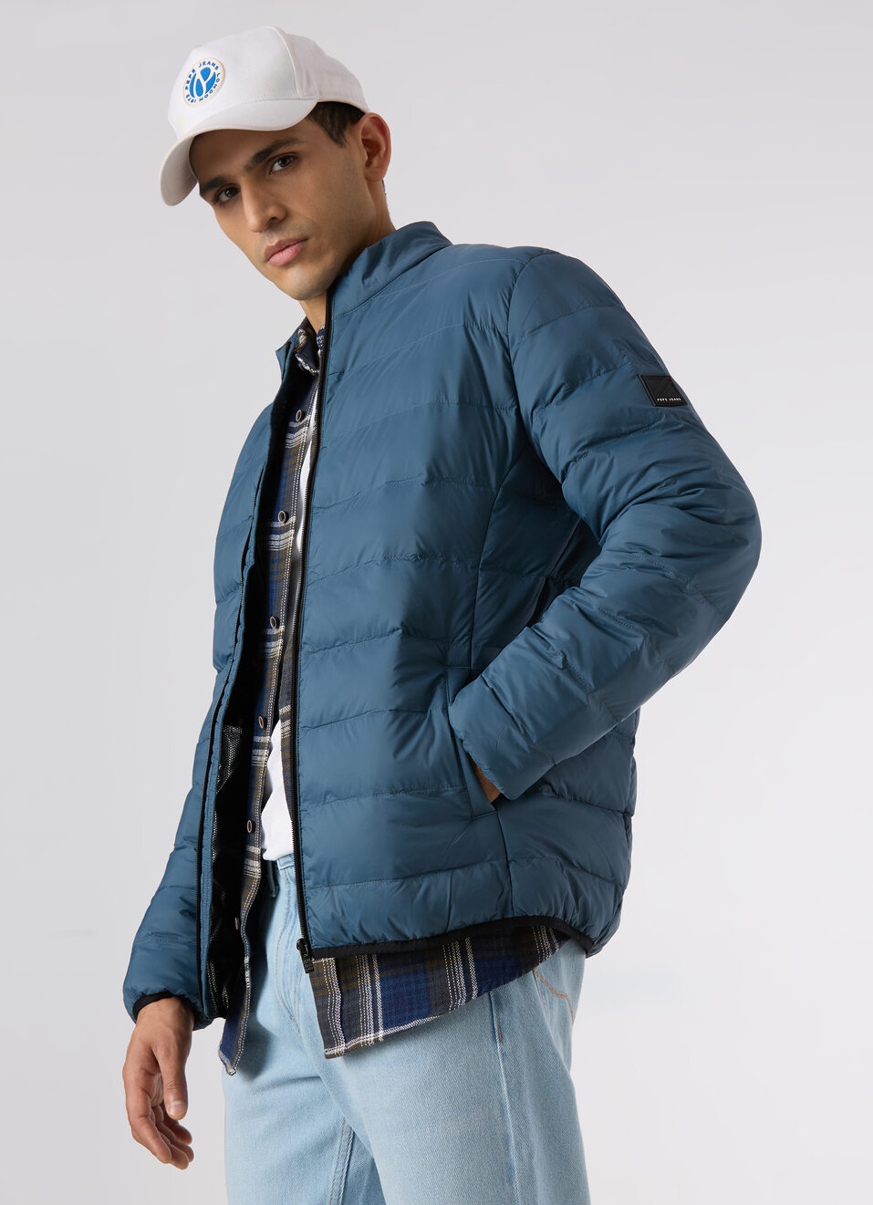 Men Teal Blue Quilted Puffer Jacket, , large image number 0
