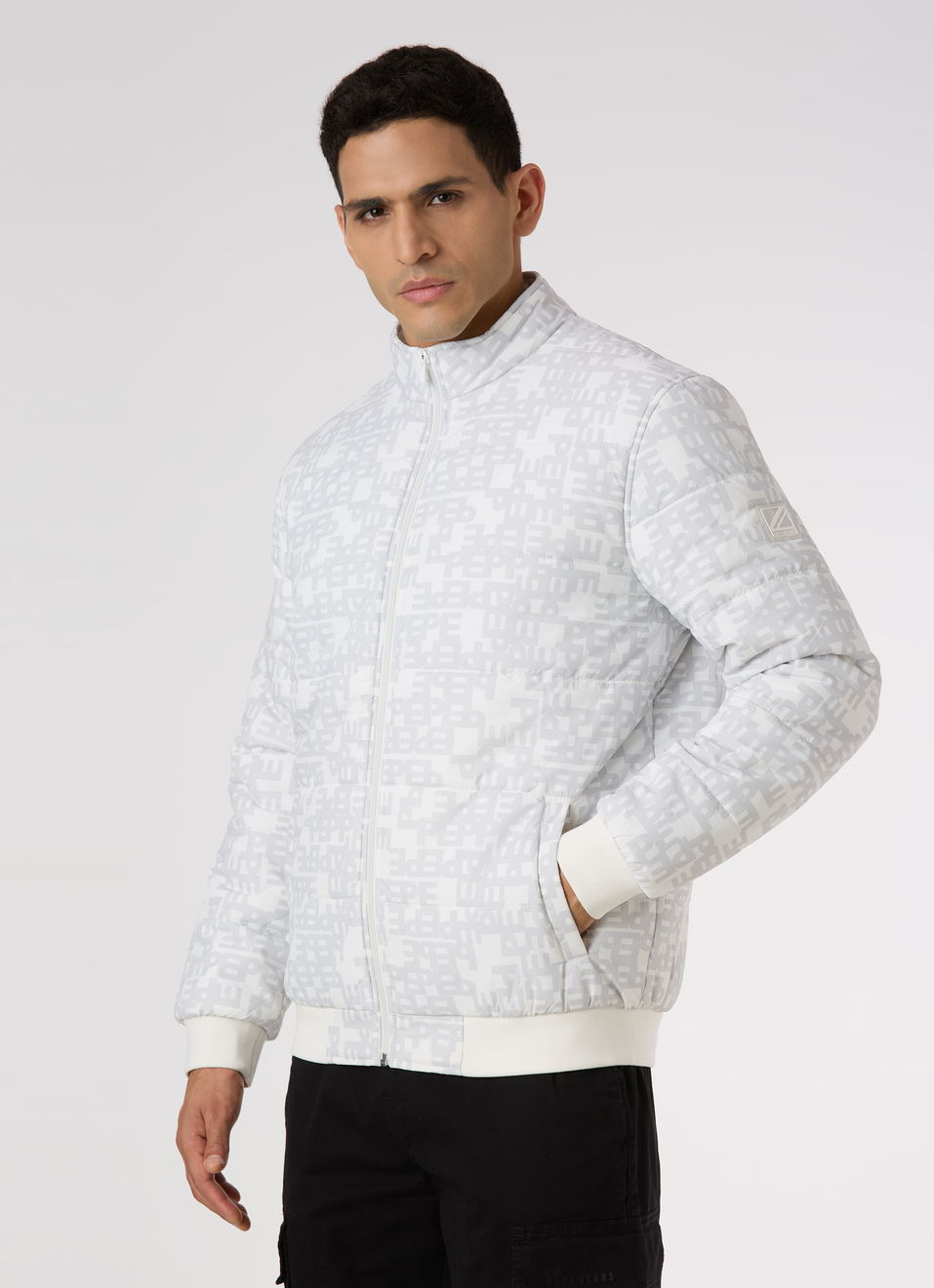 Men Black All Over Print Quilted Puffer Jacket, , large image number 3