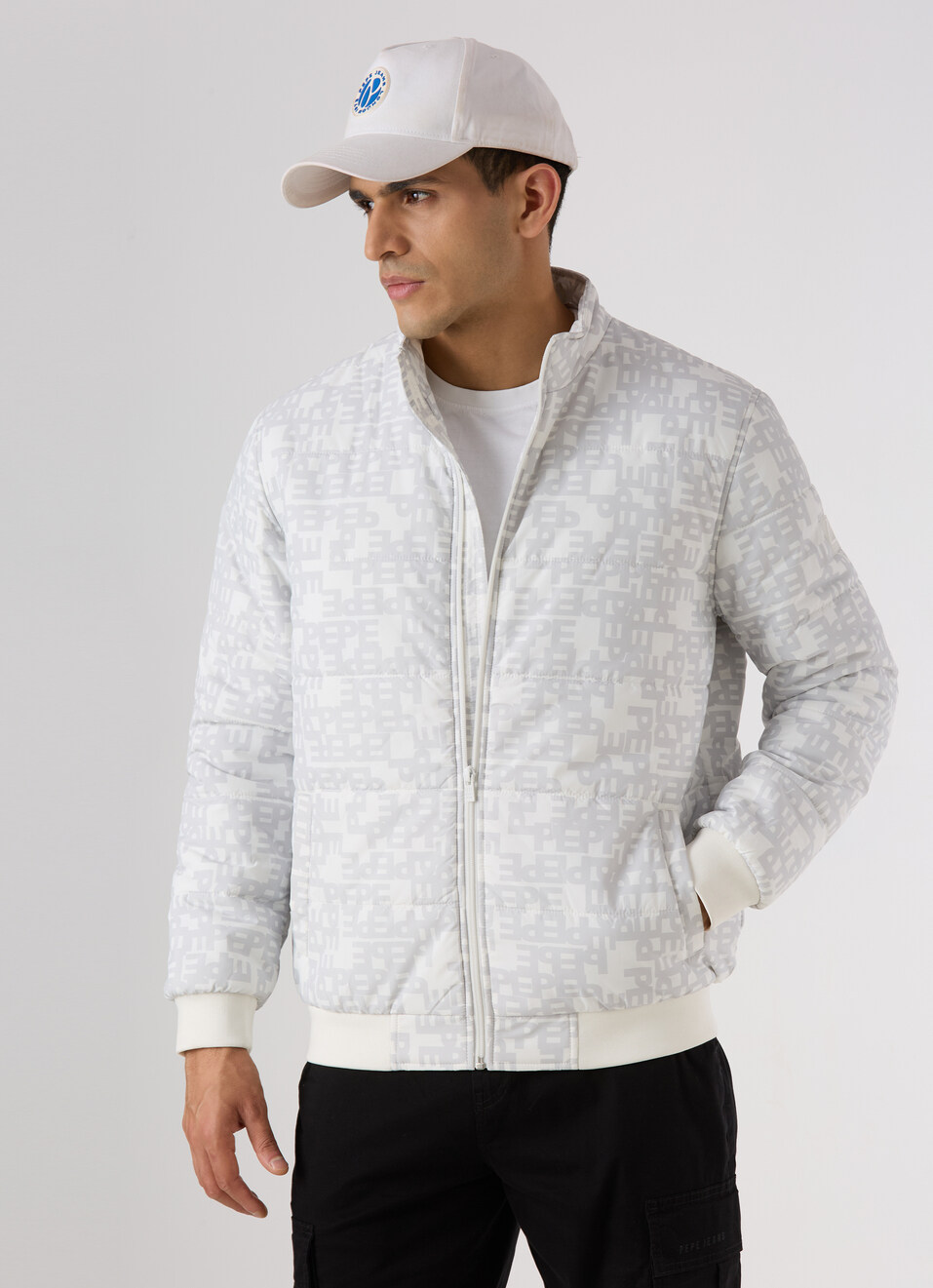 Men Black All Over Print Quilted Puffer Jacket, , large image number 0