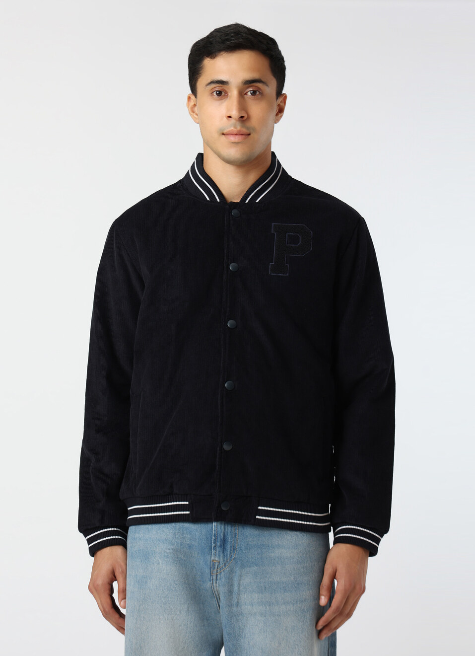 Men Navy Blue Corduroy Varsity Jacket, , large image number 1