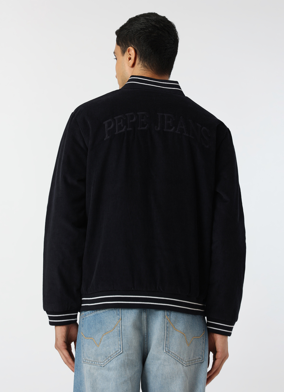 Men Navy Blue Corduroy Varsity Jacket, , large image number 2