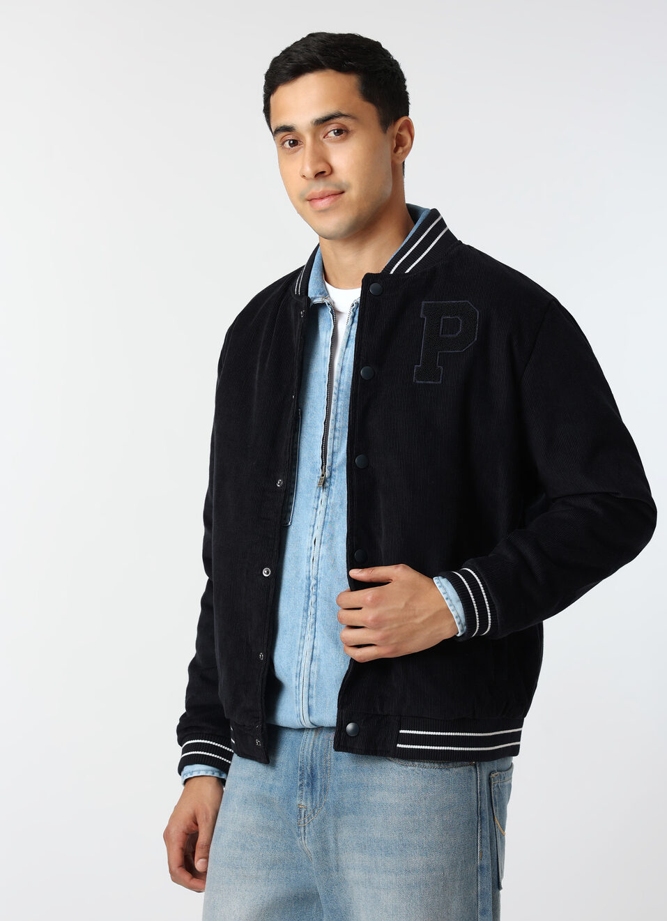 Men Navy Blue Corduroy Varsity Jacket, , large image number 0