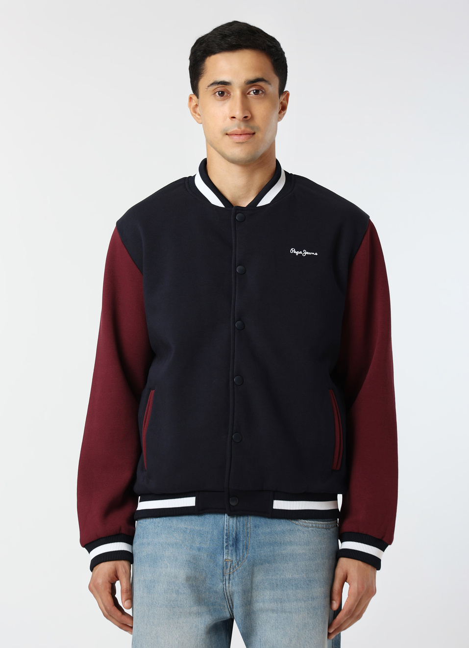 Men Beige Union Jack Back Print Varsity Jacket , , large image number 1