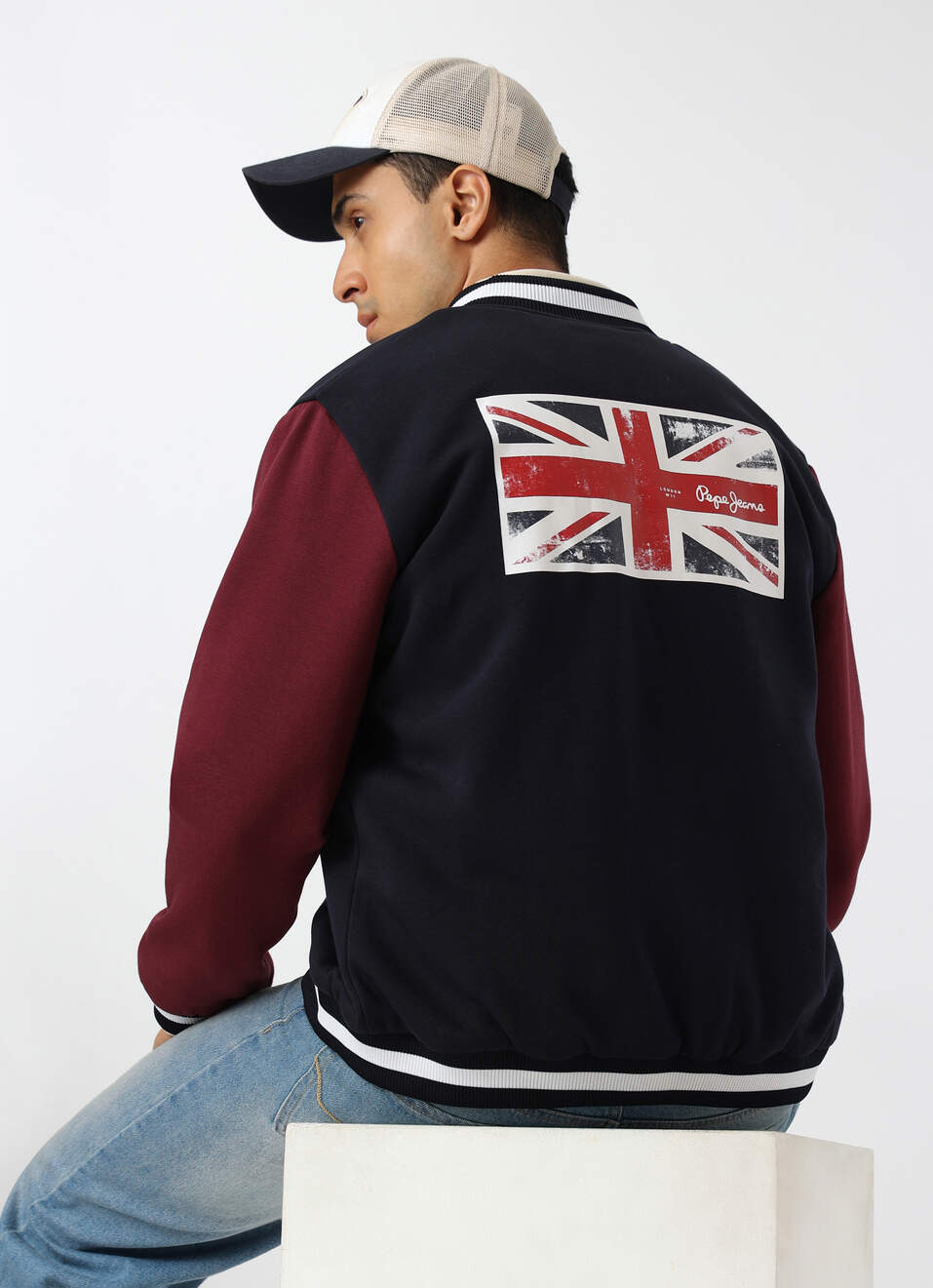 Men Beige Union Jack Back Print Varsity Jacket , , large image number 0