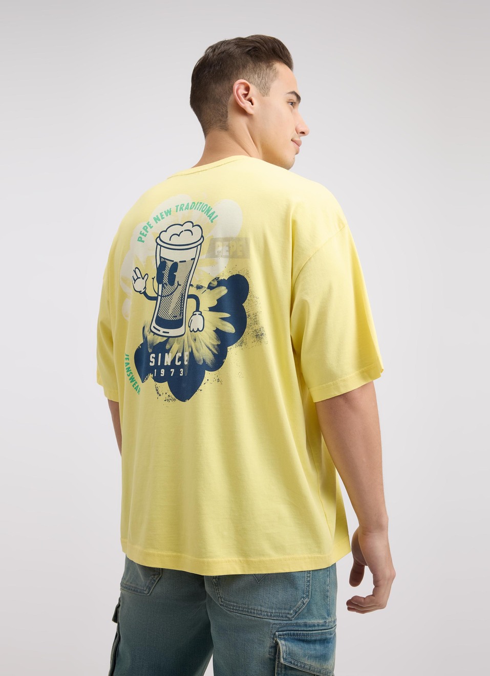 Men Yellow Back Print Short Sleeve Oversized T-shirt, , large image number 2
