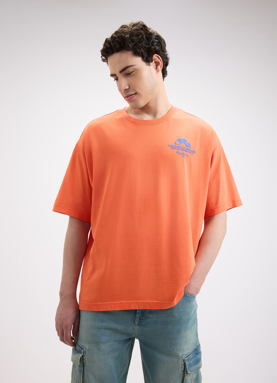 Men Orange Graphic Print Short Sleeve T-shirt, , large image number 1