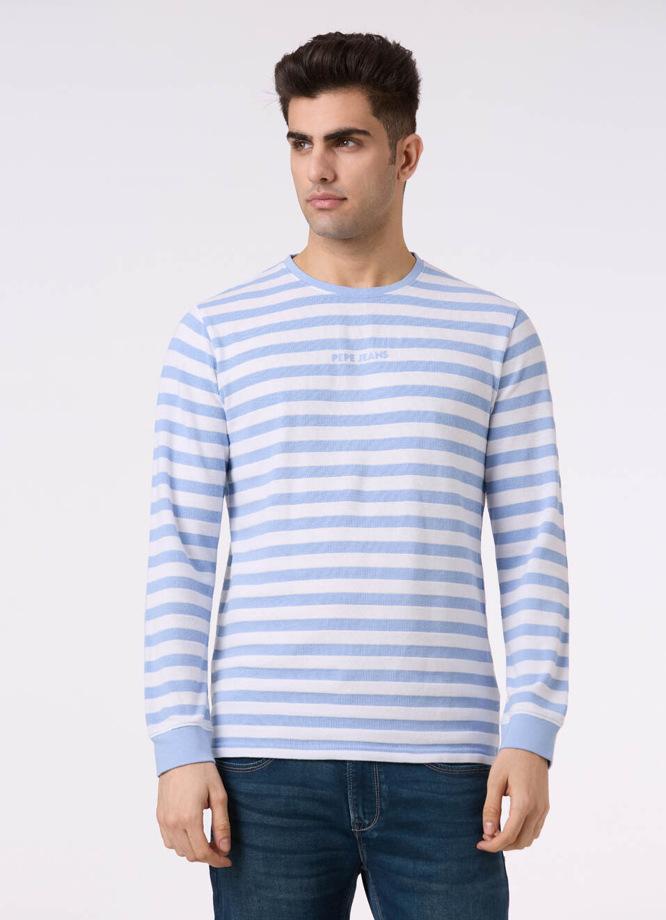 Men Sky Blue & White Stripe Full Sleeve T-shirt, , large image number 1