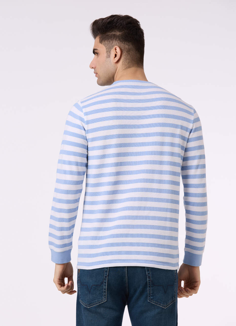Men Sky Blue & White Stripe Full Sleeve T-shirt, , large image number 2