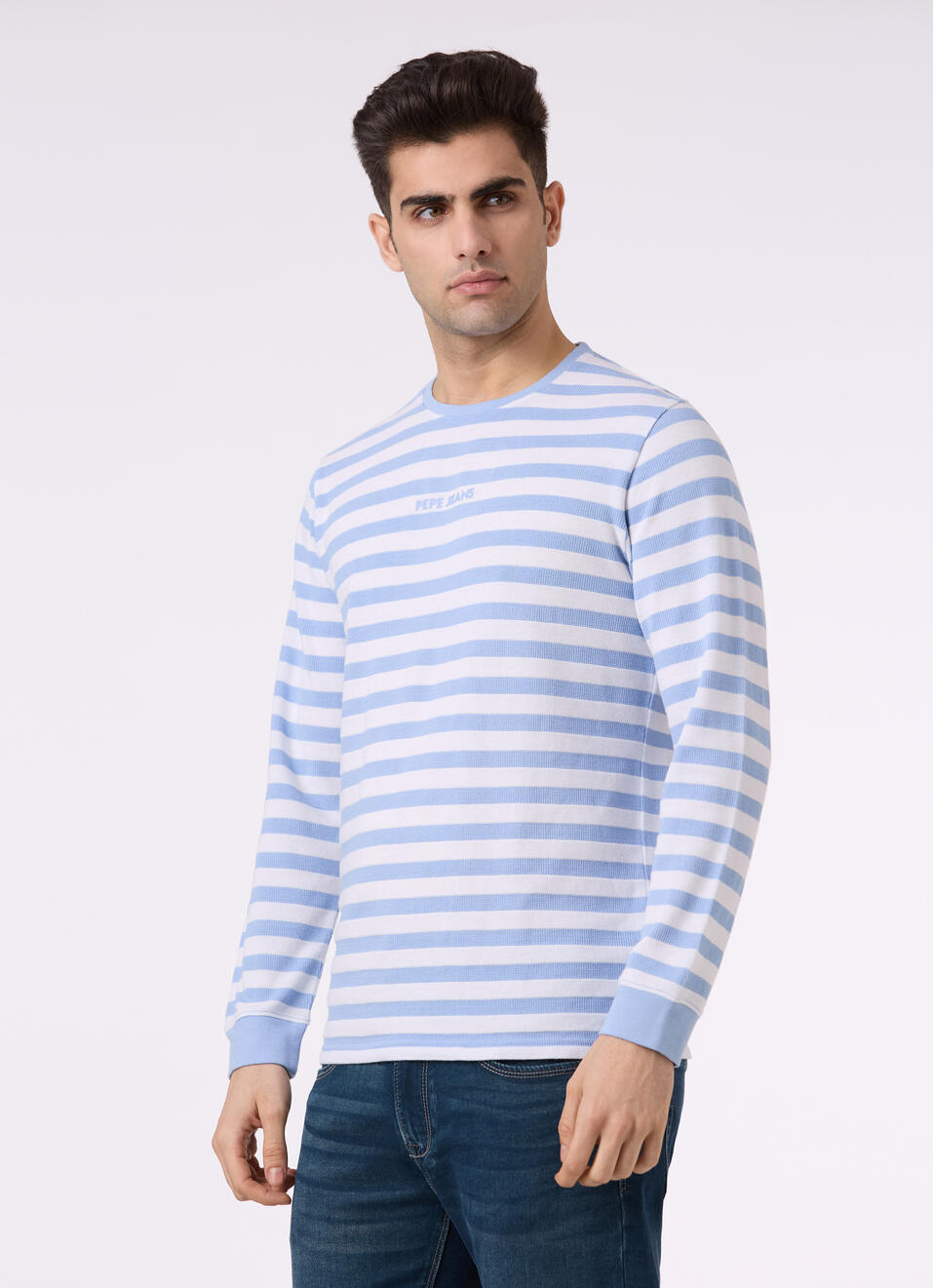 Men Sky Blue & White Stripe Full Sleeve T-shirt, , large image number 3