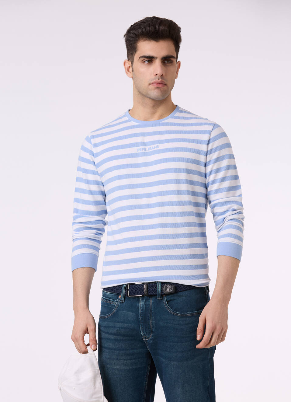 Men Sky Blue & White Stripe Full Sleeve T-shirt, , large image number 0