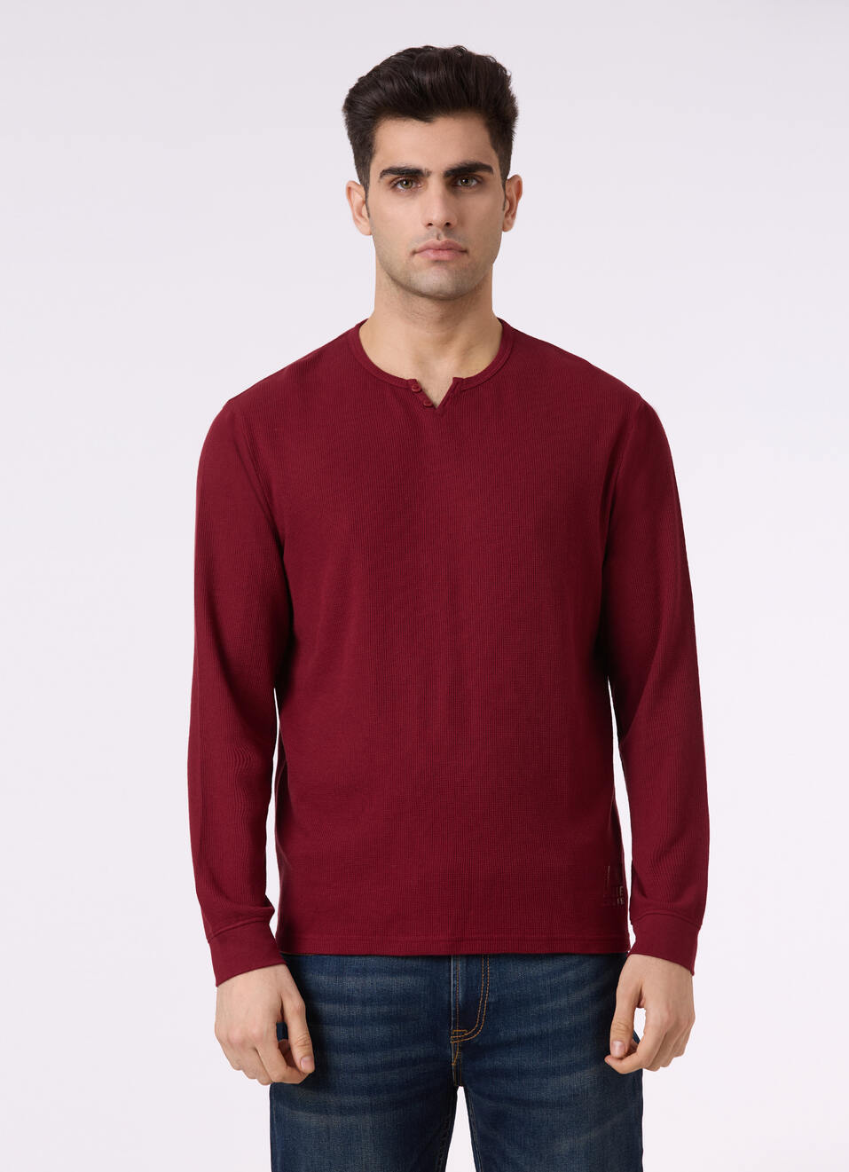 Men Burgundy Henley Neck Full Sleeve T-shirt, , large image number 1