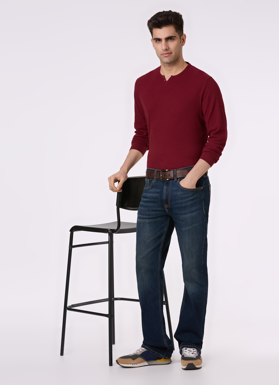 Men Burgundy Henley Neck Full Sleeve T-shirt, , large image number 5