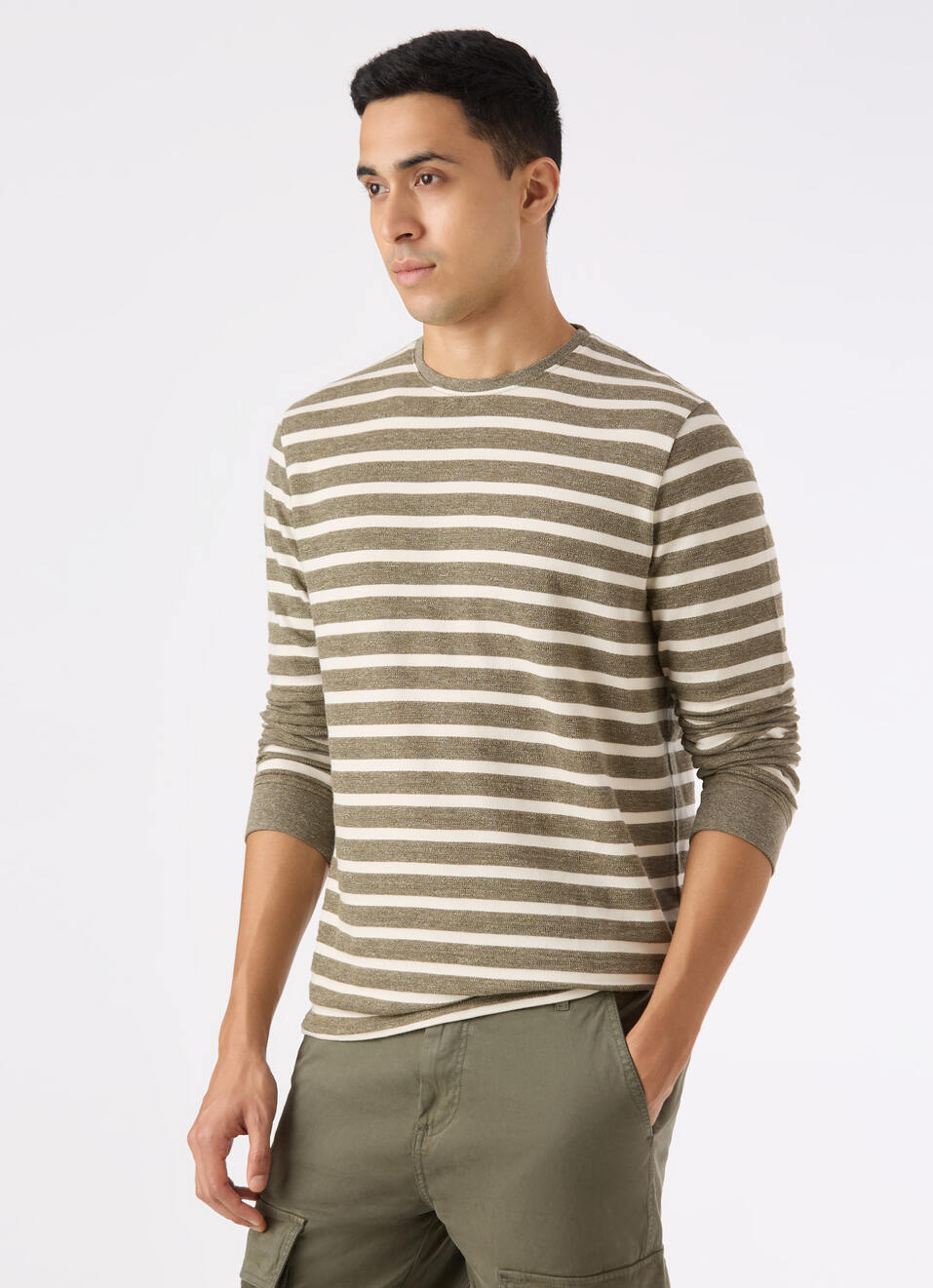 Men Green Stripe Slim Fit Full Sleeve T-shirt, , large image number 0