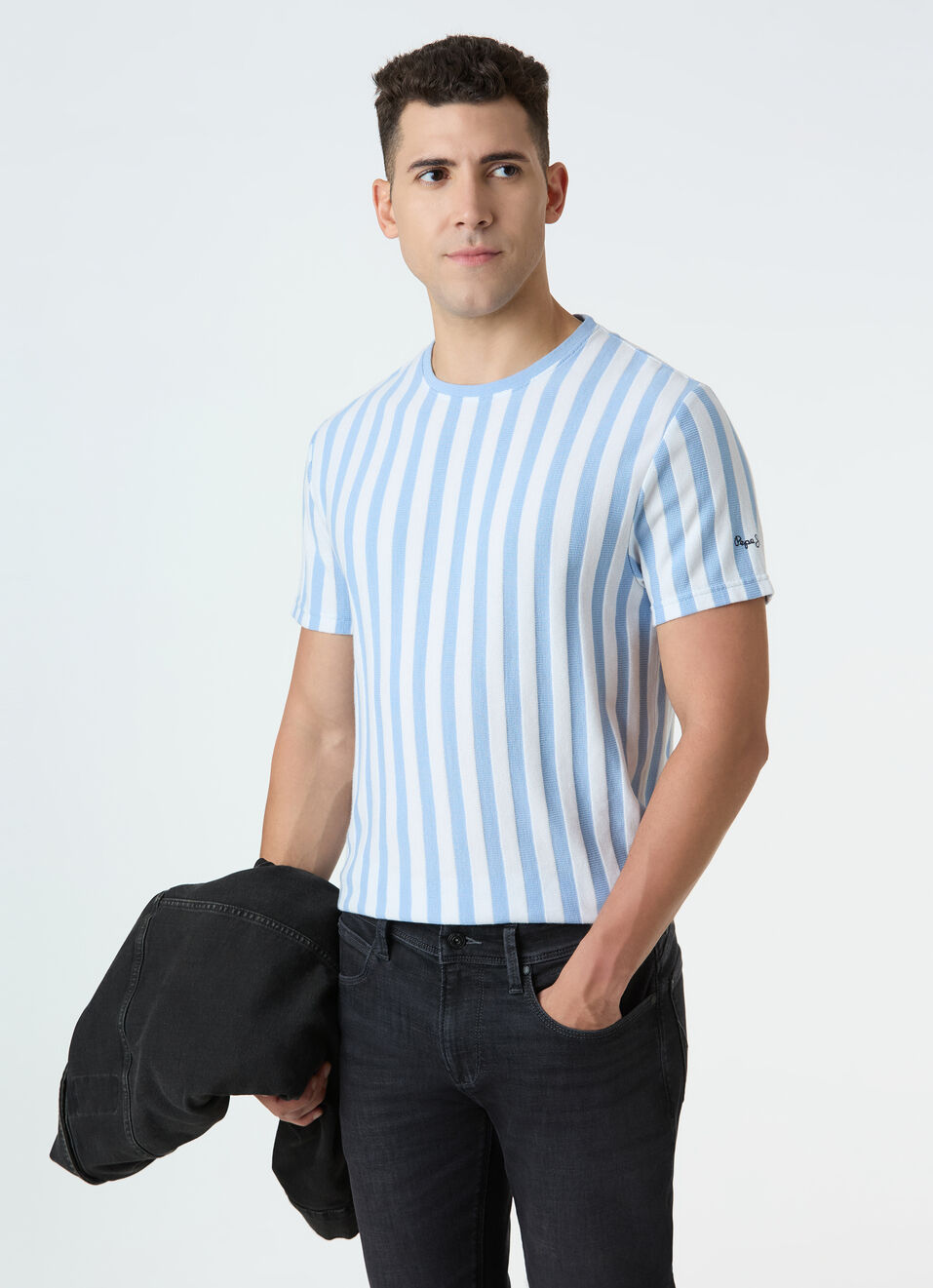 Men Sky Blue Vertical Stripe Short Sleeve T-shirt, , large image number 0