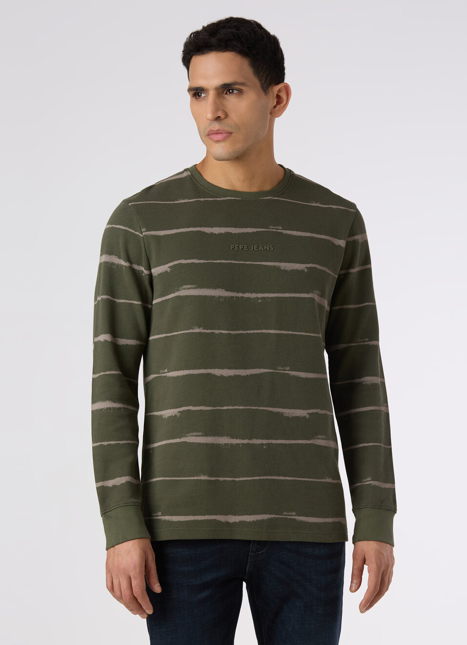 Men Olive Green Slim Fit Striped Full Sleeve T-shirt, , large image number 1