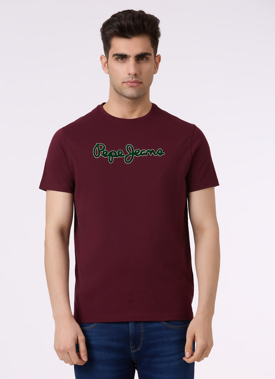 Men Burgundy Logo Print Short Sleeve Slim Fit T-shirt, , large image number 1