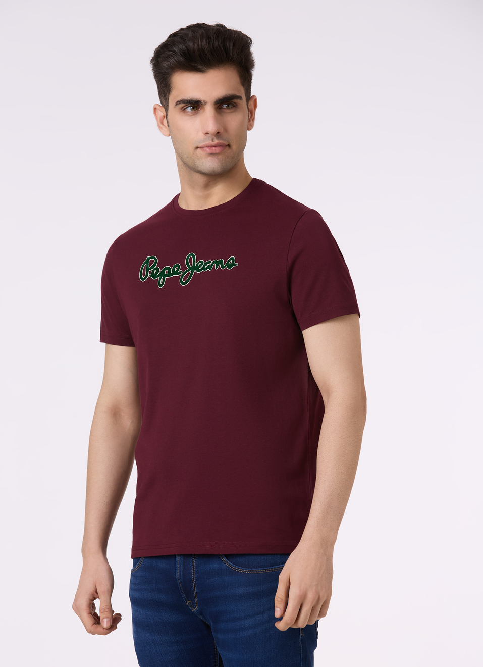 Men Burgundy Logo Print Short Sleeve Slim Fit T-shirt, , large image number 3