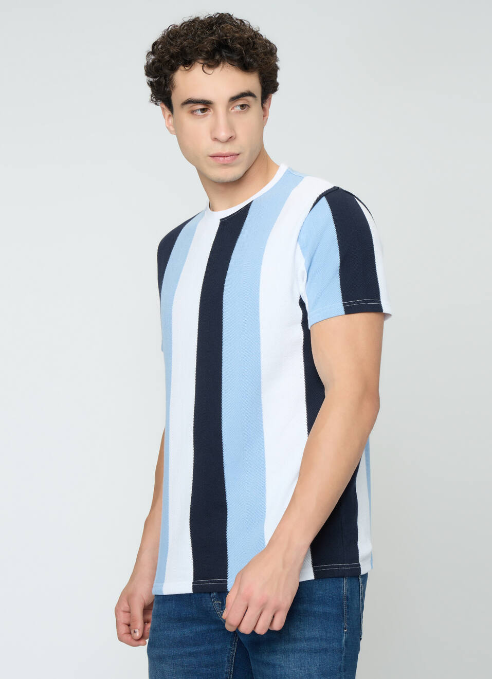 Men Blue Striped Slim Fit T-shirt, , large image number 3