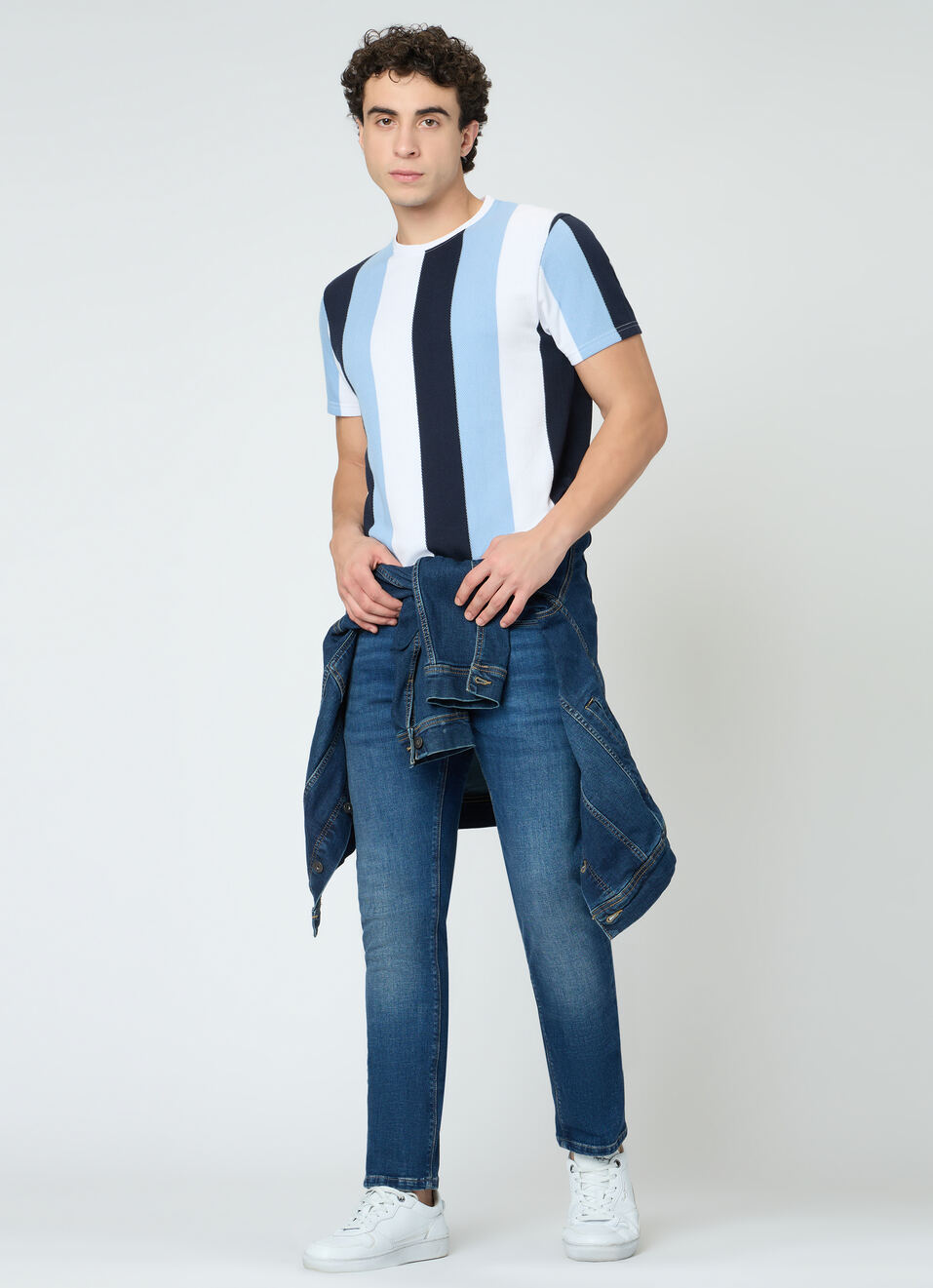 Men Blue Striped Slim Fit T-shirt, , large image number 5