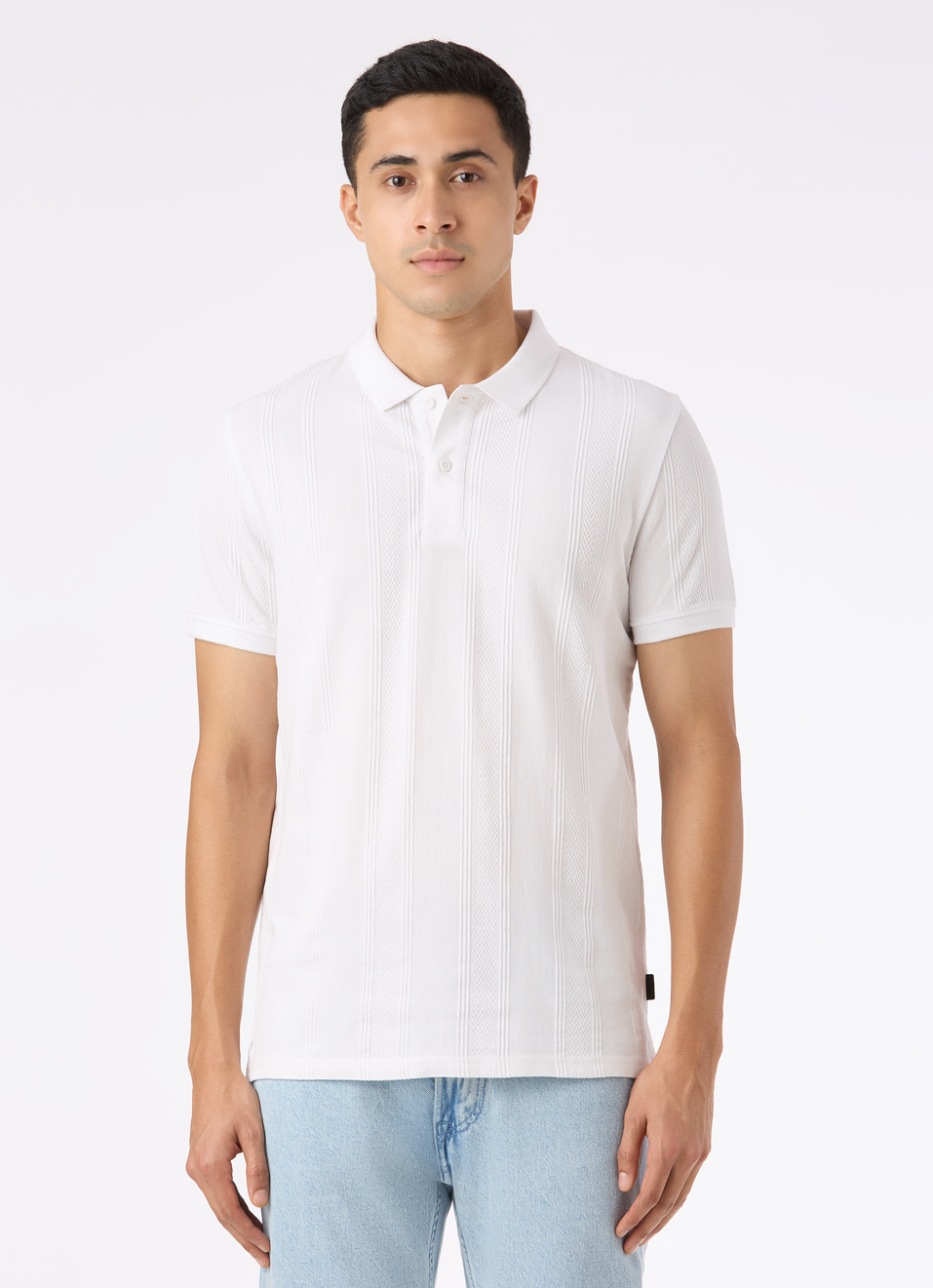 Men White Textured Short Sleeve Polo, , large image number 1