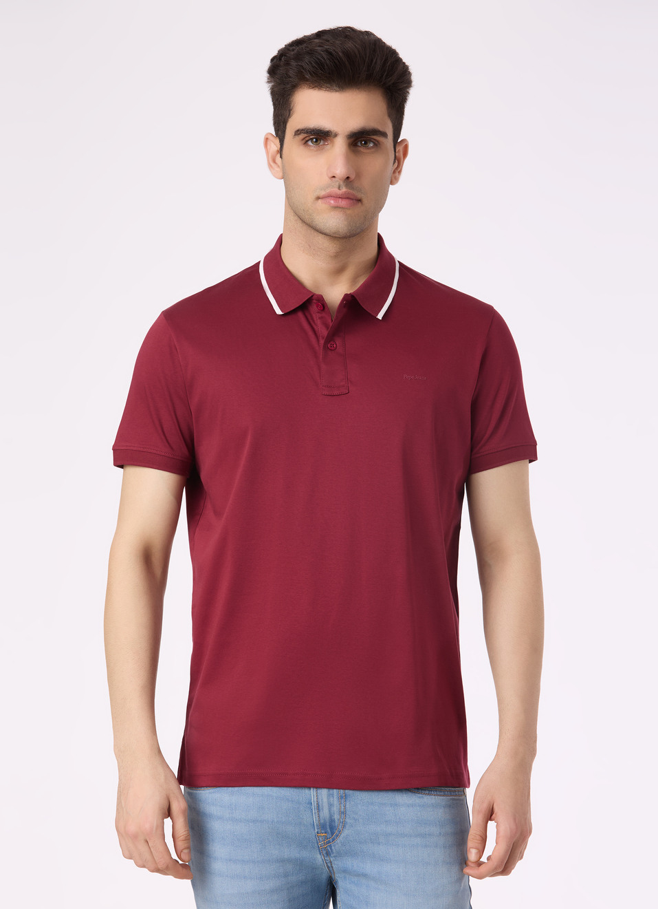 Men Burgundy Solid Contrast Collar Tipping Polo, , large image number 1