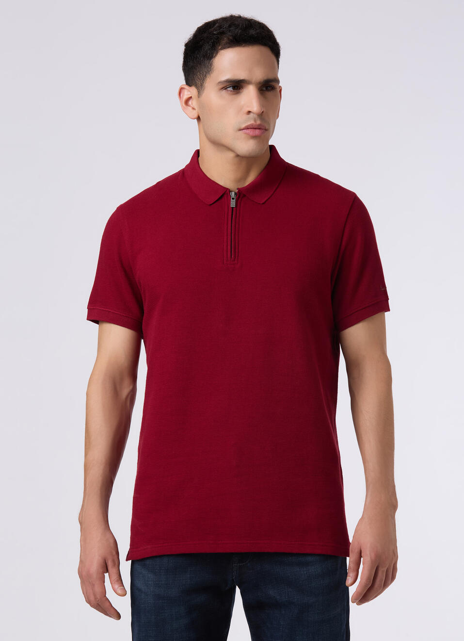 Men Merlot Red With Zip Placket Polo, , large image number 1