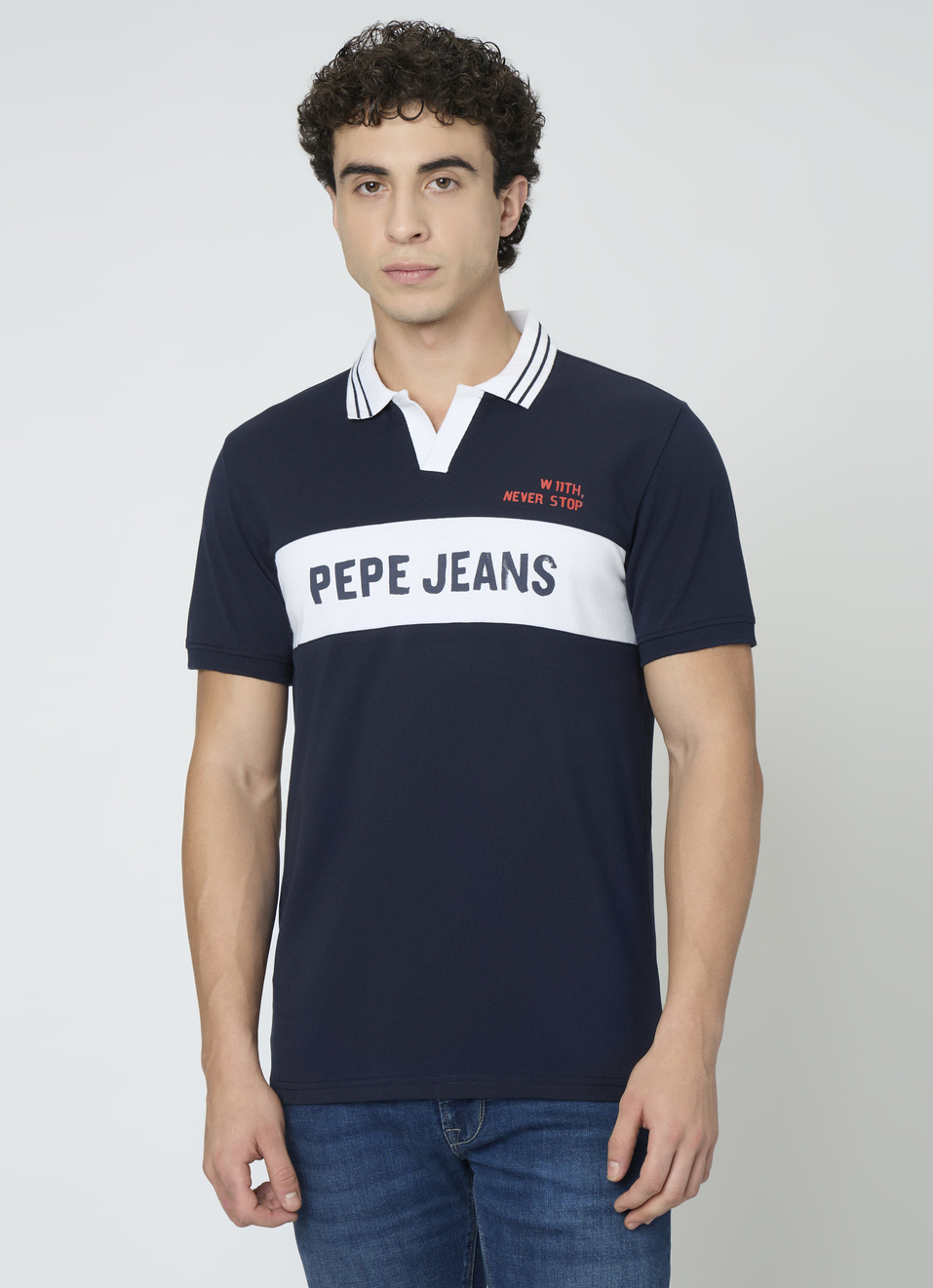 Men Blue Johnny Collar Polo Collar T-shirt, , large image number 1