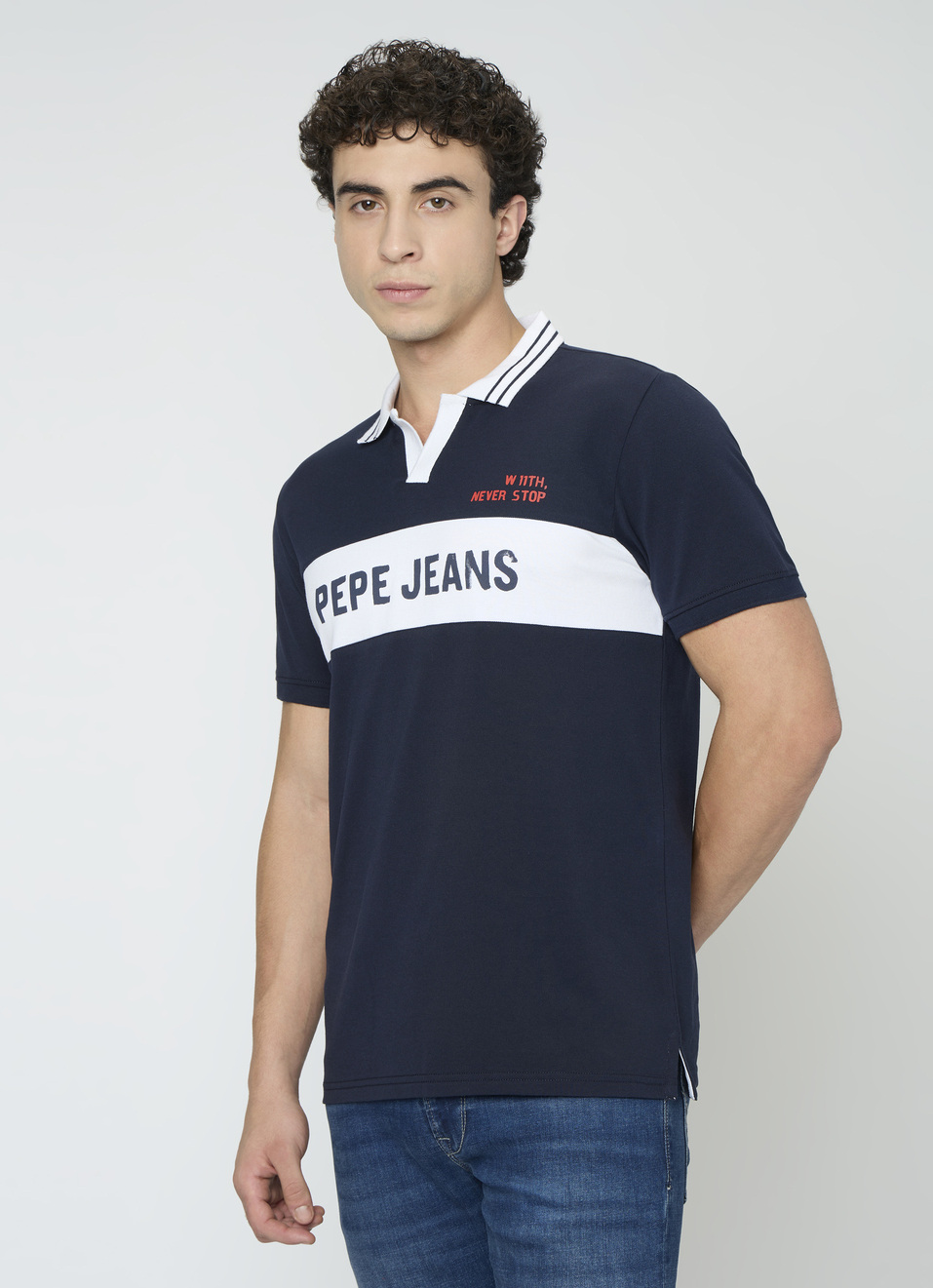 Men Blue Johnny Collar Polo Collar T-shirt, , large image number 3