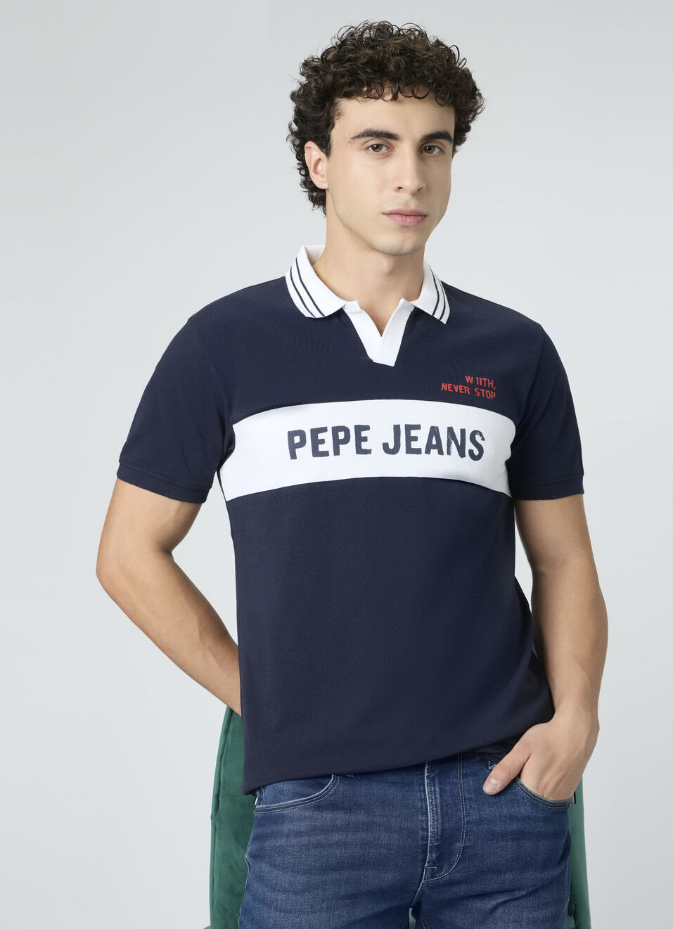 Men Blue Johnny Collar Polo Collar T-shirt, , large image number 0
