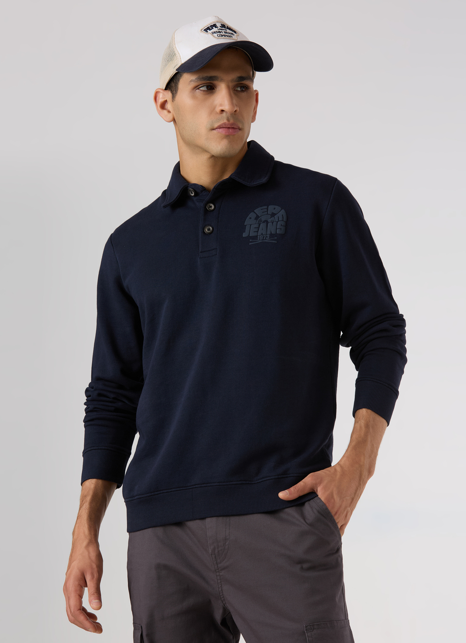 Men Navy Regular Fit Solid Polo Neck Sweatshirt, , large image number 0