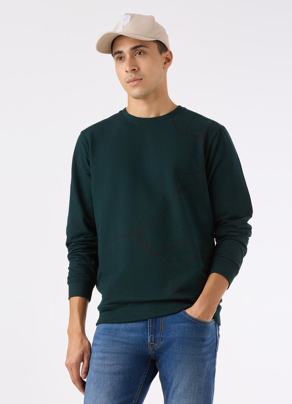 Men Teal Blue Abstract Print Regular Fit Sweatshirt, , large image number 0