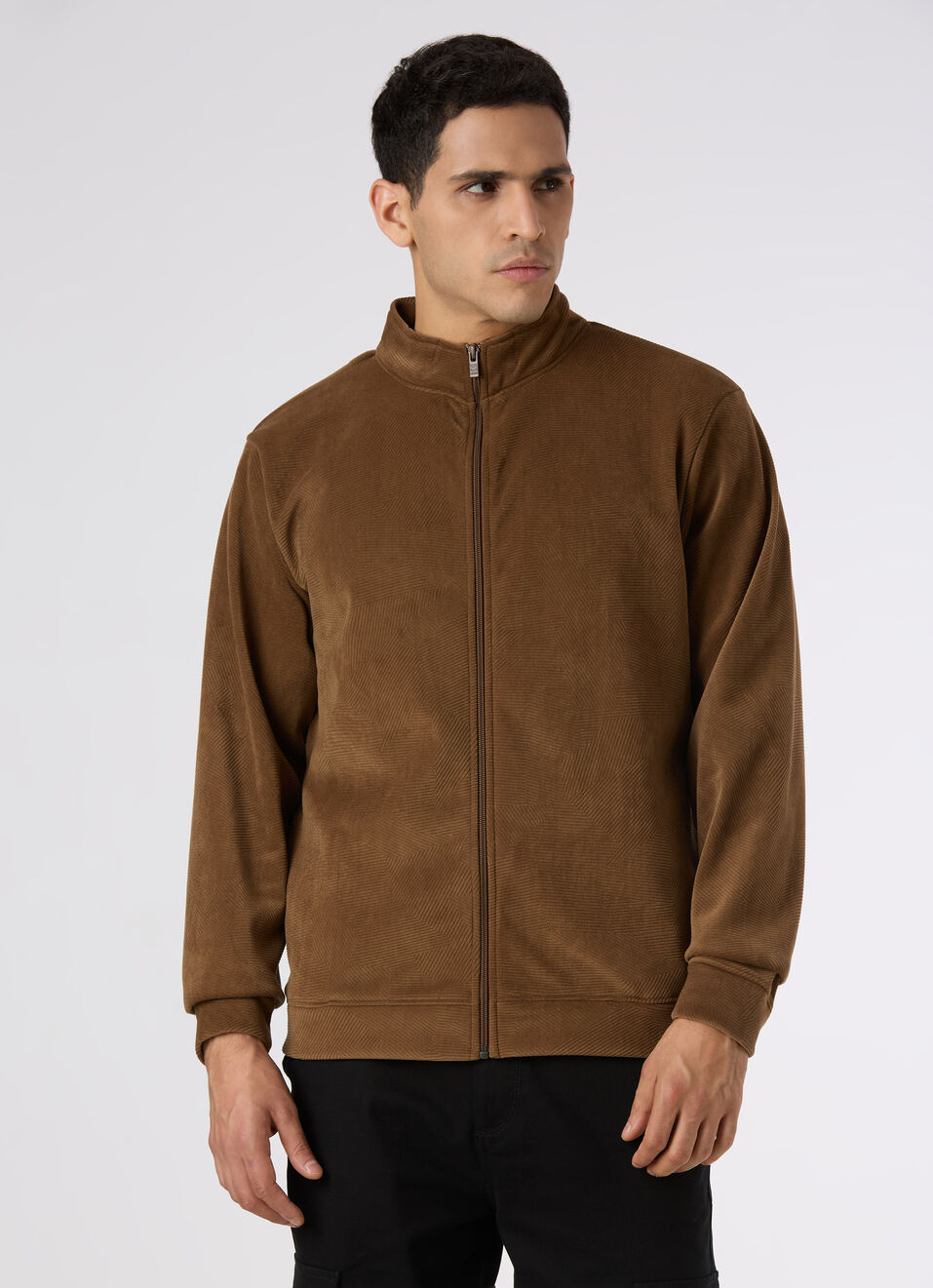 Men Tan Brown Textured Zip Up Sweatshirt, , large image number 1
