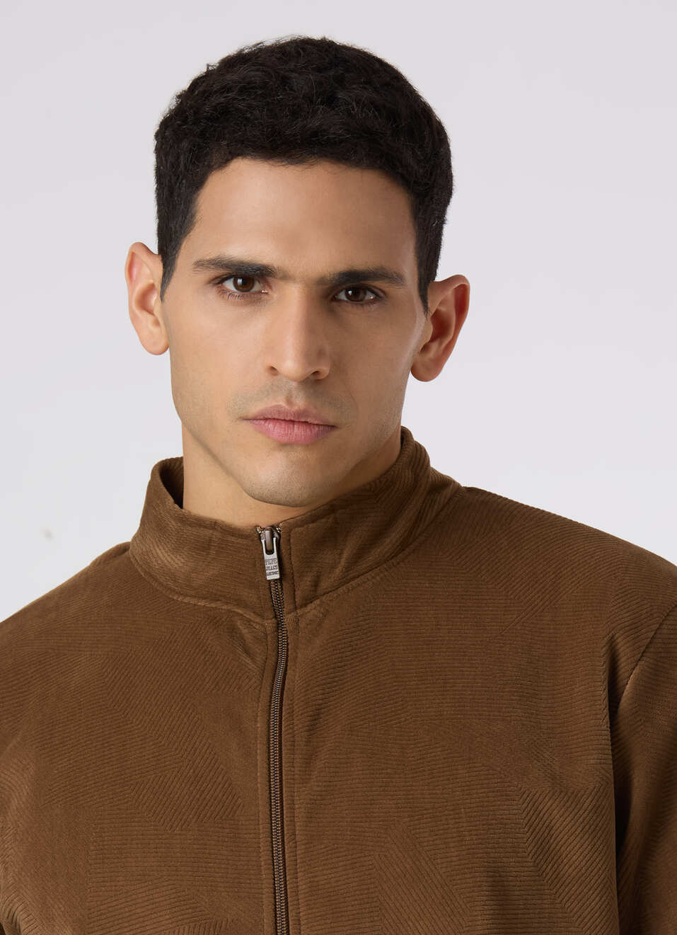 Men Tan Brown Textured Zip Up Sweatshirt, , large image number 4