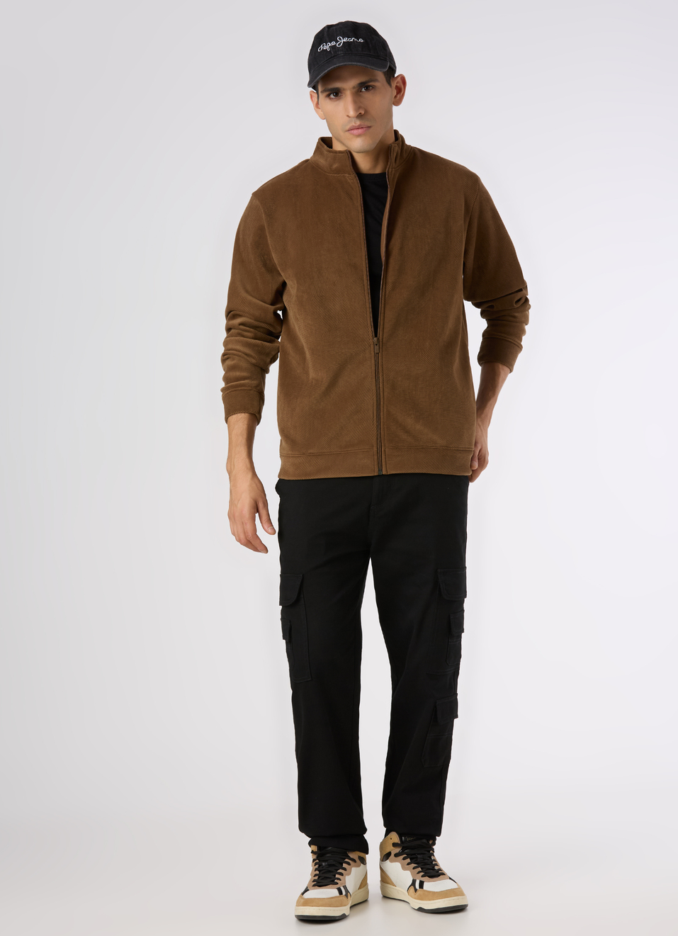 Men Tan Brown Textured Zip Up Sweatshirt, , large image number 5