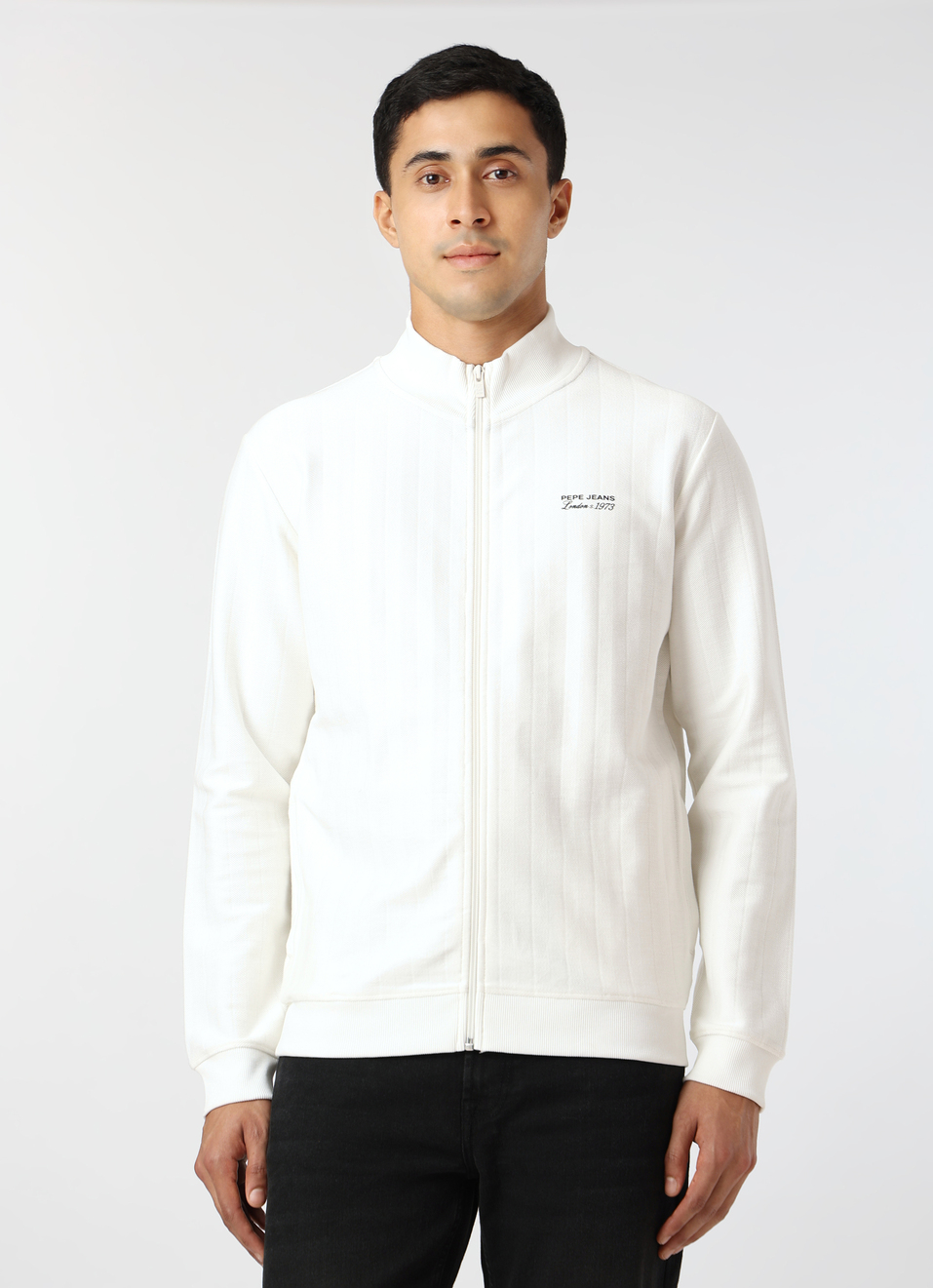 Men White Regular Fit Textured Zip Up Sweatshirt, , large image number 1