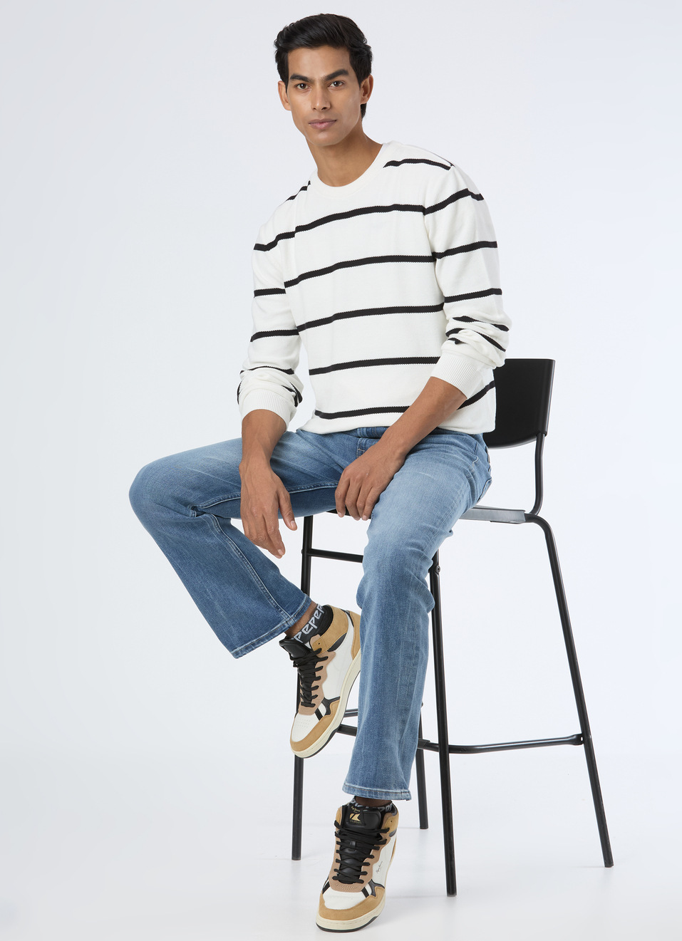 Men White Horizontal Stripe Flat Knit, , large image number 5