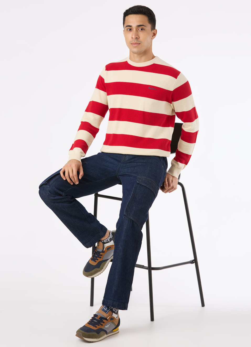Men Red Horizontal Stripe Flat Knit Sweater, , large image number 5