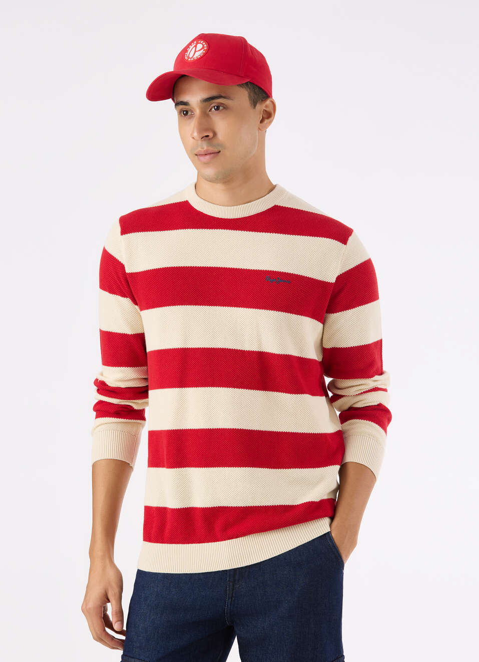 Men Red Horizontal Stripe Flat Knit Sweater, , large image number 0